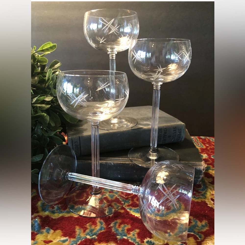 4 Vintage Fostoria Shooting Stars Clear Etched‎ Champagne Coupe Multi-Sided Stem